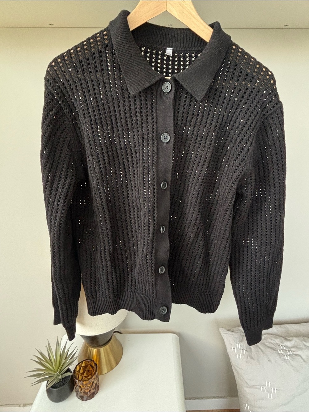 Black Open-Knit Button-Front Cardigan